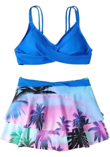 Mayo Kadın Büyük Boy Bölünmüş Etek Bikini Yüksek Bel Göbek Şekillendirici Kupası Push Up (Yurt Dışından)