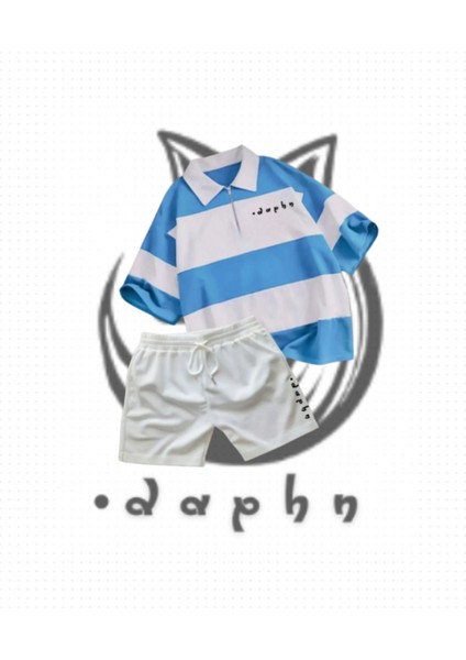 Çizgili Oversize Polo Yaka Yakası Fermuarlı Bebe Mavisi Daphn Baskılı T-Shirt Şort 2'li Takım