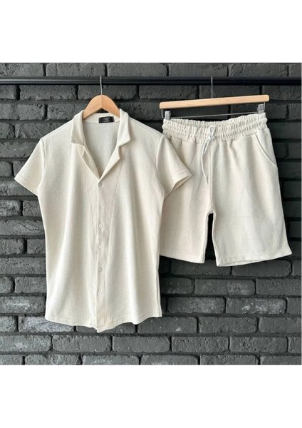 Yeni Sezon Erkek Rahat Kesim Salaş Beyaz Gömlek & Şort Takım Ikili Kombin Set