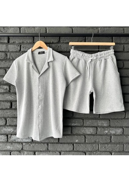 Yeni Sezon Erkek Rahat Kesim Salaş Gri Gömlek & Şort Takım Ikili Kombin Set