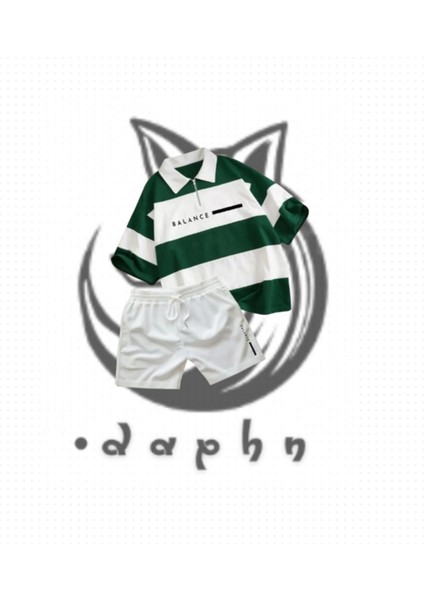 Çizgili Oversize Polo Yaka Yakası Fermuarlı Yeşil Balance Baskılı T-Shirt Şort 2'li Takım