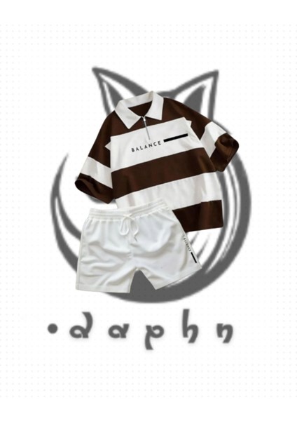 Çizgili Oversize Polo Yaka Yakası Fermuarlı Kahverengi Balance Baskılı T-Shirt Şort 2'li Takım