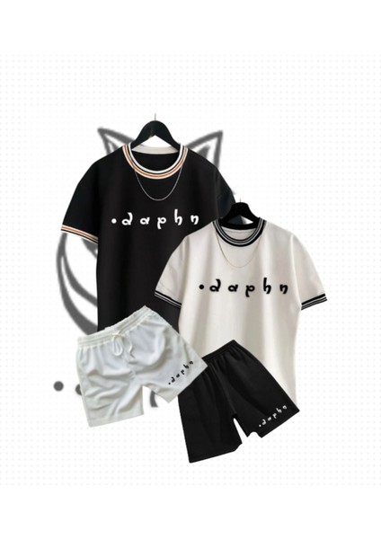 Erkek 4'lü Siyah - Beyaz Daphn Baskılı Oversize Kalıp Yaka Detaylı Yazlık T-Shirt & Şort Takım