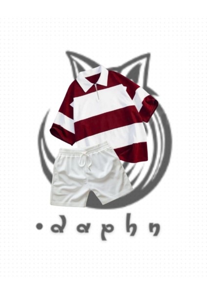 Unisex Çizgili Oversize Polo Yaka Yakası Fermuarlı Bordo T-Shirt (Tişört) Şort 2'li Takım