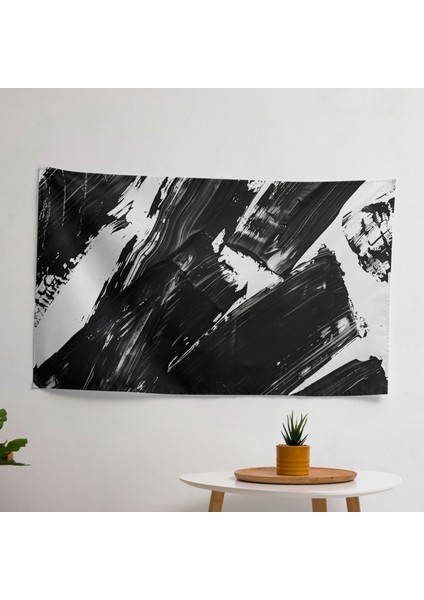Siyah Beyaz Fırça Darbeleri Soyut Sanat Duvar Örtüsü - Pamuk Sırt, Polyester Ön - Canlı