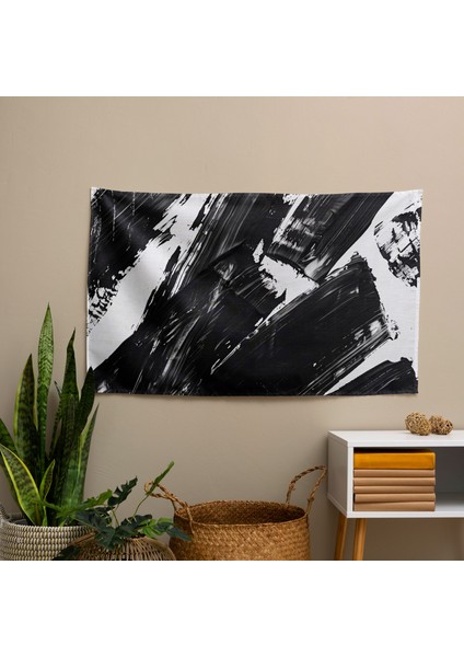 Siyah Beyaz Fırça Darbeleri Soyut Sanat Duvar Örtüsü - Pamuk Sırt, Polyester Ön - Canlı modelleri