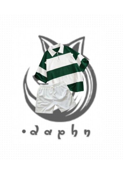 Unisex Çizgili Oversize Polo Yaka Yakası Fermuarlı Yeşil T-Shirt (Tişört) Şort 2'li Takım