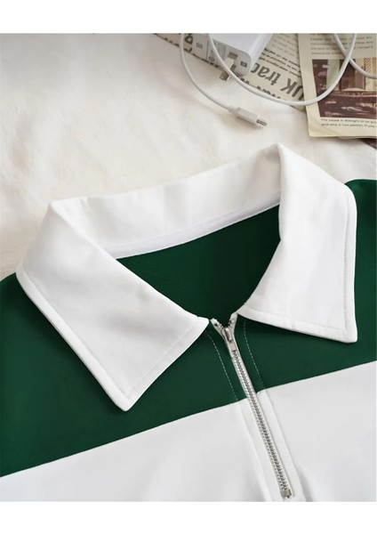 Unisex Çizgili Oversize Polo Yaka Yakası Fermuarlı Yeşil T-Shirt (Tişört) Şort 2'li Takım modelleri