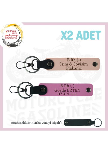 Bikera Değerli Hediye, Isim Plaka ve B Rh (-) Kan Grubu Yazılı X2 Anahtarlık, Yavruağzı-Pembe-Syh