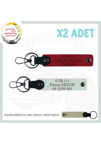 Motosiklet Severlere Isim Plaka, 0 Rh (+) Kan Grubu Yazılı Acil Durum Anahtarlığı, Kırmızı-Beyaz-Sk