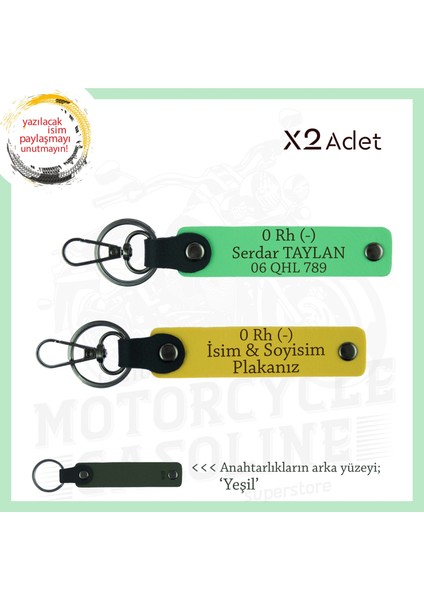 Bikerlar Için Özel Isim Plaka ve 0 Rh (-) Kan Grubu Yazılı Hediyelik X2 Anahtarlık, Sarı-F Yeşil-Ysl