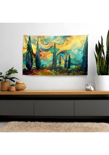 Cesur ve Modern Vincent Van Gogh Selvi Ağaçları Duvar Sanatı Kumaş Örtü