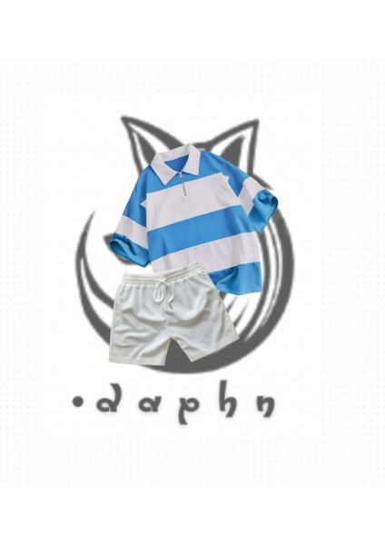 Unisex Çizgili Oversize Polo Yaka Yakası Fermuarlı Bebe Mavisi T-Shirt (Tişört) Şort 2'li Takım