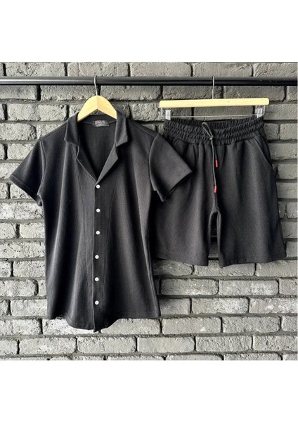 Yeni Sezon Erkek Rahat Kesim Salaş Siyah Gömlek & Şort Takım Ikili Kombin Set