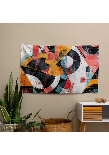 Geometrik Soyut Sanat Duvar Örtüsü - Canlı Renkler, %100 Pamuk Sırt, Süblimasyon Baskı, Hafif