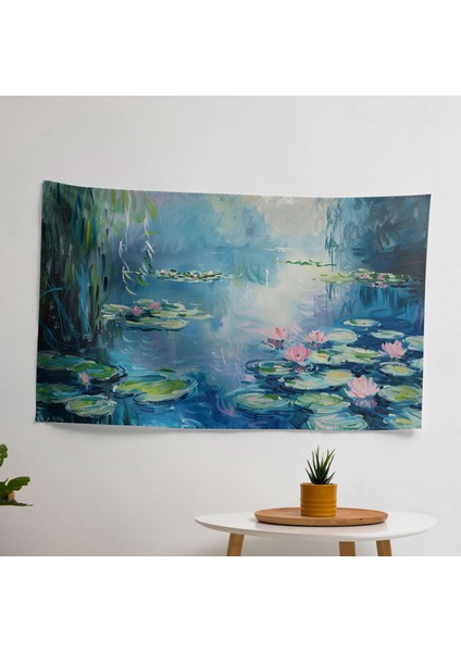 Claude Monet Nilüferler Baskılı Duvar Örtüsü - Pamuk Sırt, Canlı Renkler, Hafif Kumaş