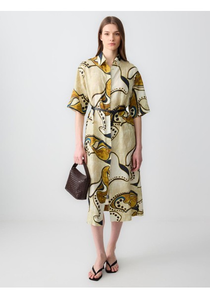 Taş Rahat Kesim Dirsek Kol Gömlek Yaka Desenli Keten Midi Elbise