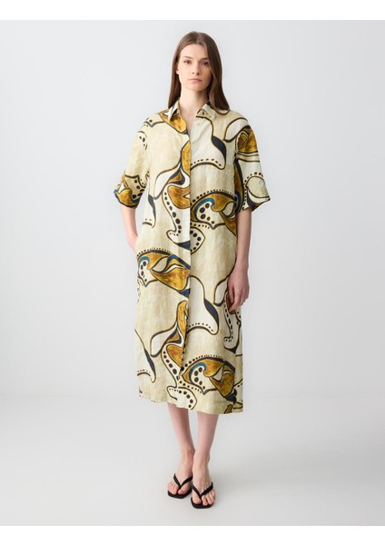 Taş Rahat Kesim Dirsek Kol Gömlek Yaka Desenli Keten Midi Elbise fiyatları