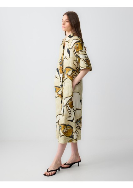 Taş Rahat Kesim Dirsek Kol Gömlek Yaka Desenli Keten Midi Elbise modelleri