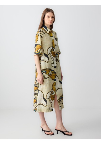 Taş Rahat Kesim Dirsek Kol Gömlek Yaka Desenli Keten Midi Elbise fırsatları