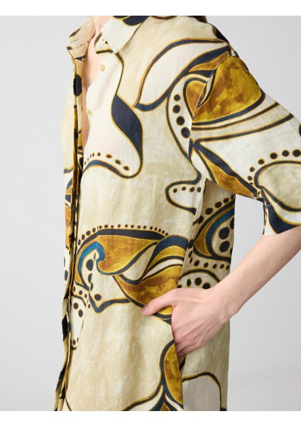 Taş Rahat Kesim Dirsek Kol Gömlek Yaka Desenli Keten Midi Elbise indirimleri