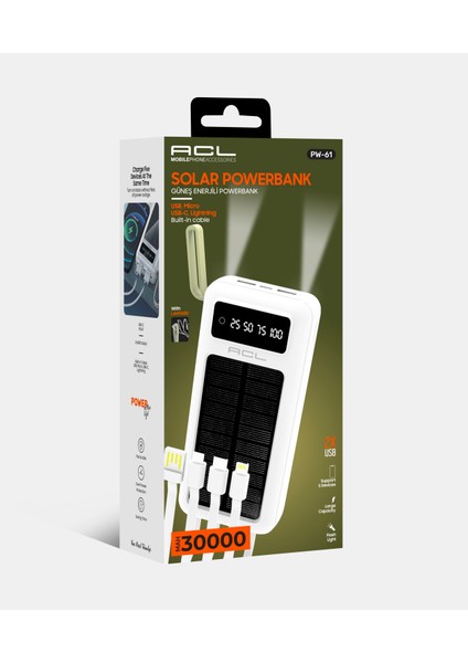Pw-61 30.000MAH Güneş Enerjili Powerbank Beyaz | 5 Cihaz Aynı Anda Şarj | Usb-C & Lightning & Micro USB & 2x USB Çıkış | Dahili LED Fener