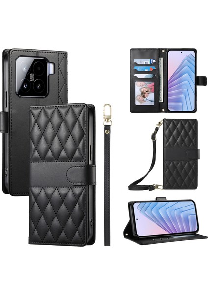 Xiaomi 15 Eşkenar Dörtgen Dikiş Cüzdan Standı 2 Askılı Deri Telefon Kapağı (Yurt Dışından)