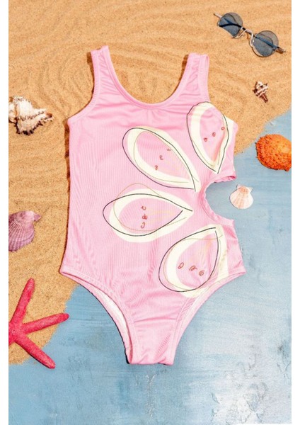 (3-7 Yaş) Çiçek Baskılı Beli Detayşı Kız çocuk mayo - Açık Pembe