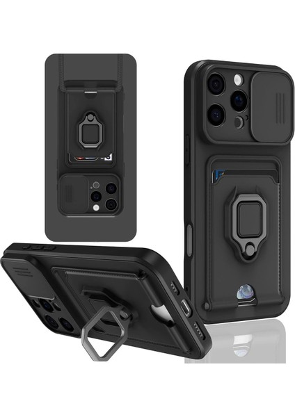 Apple iPhone 16 Pro Max Kılıf Zuma Kartvizitli Yüzüklü Silikon - Siyah Ynsmr
