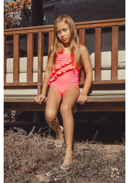 (8-12 Yaş) Neon Volanlı Kız çocuk mayo - Pembe modelleri
