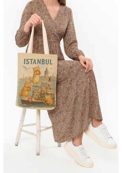 Kanvas Simit Yiyen Kediler Baskılı Bez Çanta