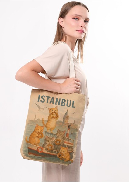 Kanvas Simit Yiyen Kediler Baskılı Bez Çanta