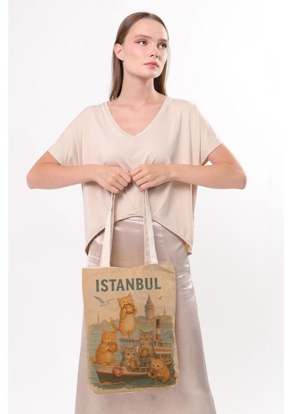 Kanvas Simit Yiyen Kediler Baskılı Bez Çanta