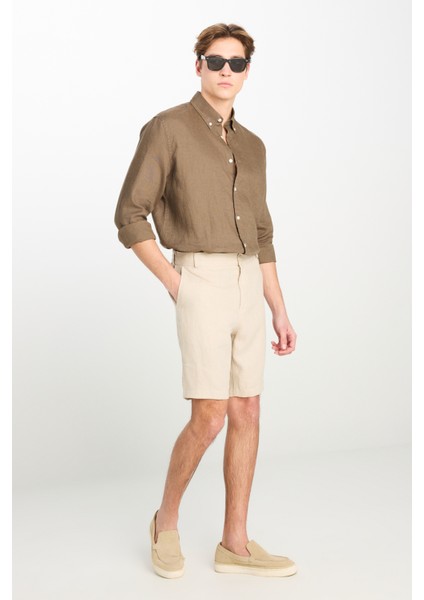 %100 Keten Regular Fit Normal Kesim Lastik Bel Detaylı Bej Şort