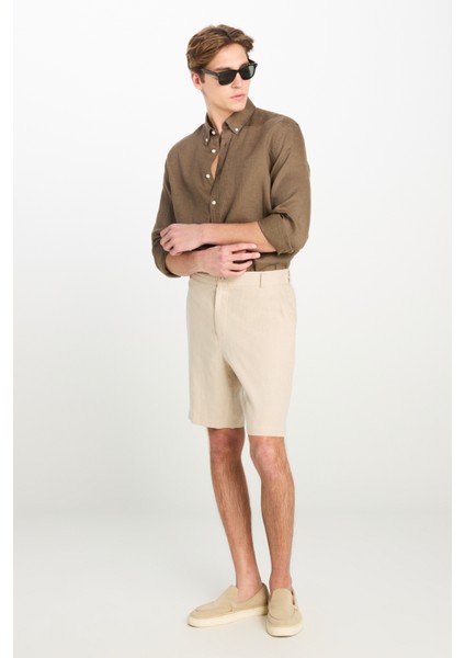 %100 Keten Regular Fit Normal Kesim Lastik Bel Detaylı Bej Şort fiyatları