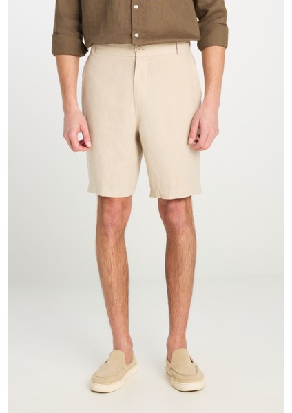 %100 Keten Regular Fit Normal Kesim Lastik Bel Detaylı Bej Şort modelleri