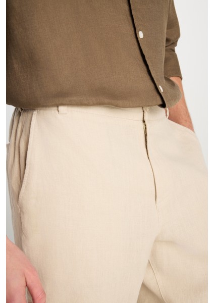 %100 Keten Regular Fit Normal Kesim Lastik Bel Detaylı Bej Şort