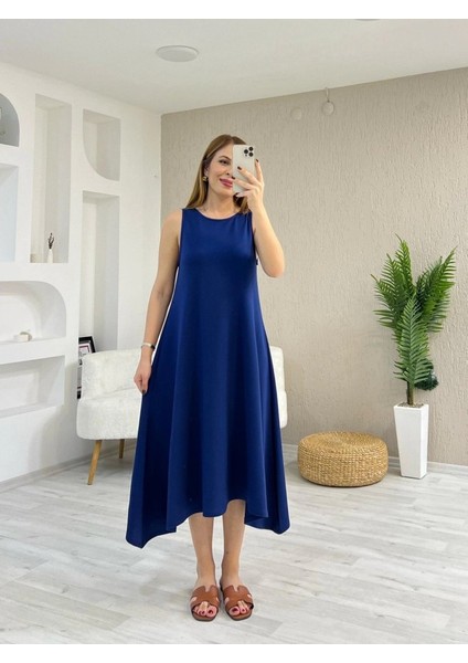 Kadın Askılı Yuvarlak Yakalı Asimetrik Kesim Detaylı Viskon Elbise fırsatları