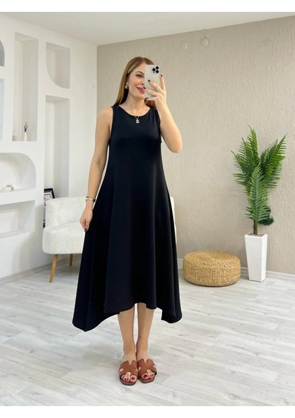 Kadın Askılı Yuvarlak Yakalı Asimetrik Kesim Detaylı Viskon Elbise modelleri