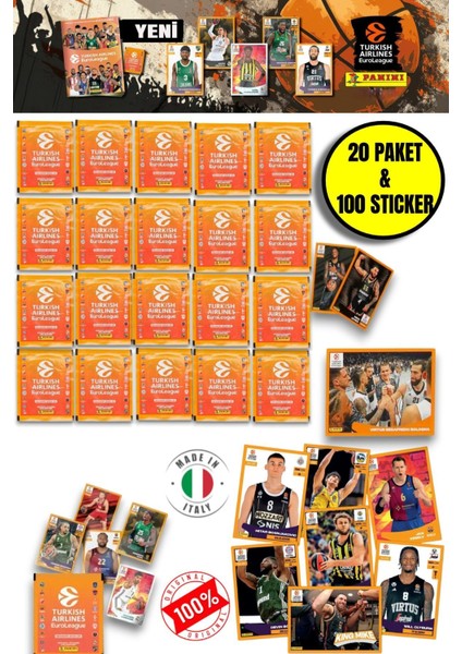 Panini 2024-25 Turkish Airlines Euroleague Sticker 20 Paket (100 Adet Sticker)