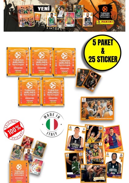 Panini 2024-25 Turkish Airlines Euroleague Sticker 5 Paket (25 Adet Sticker)