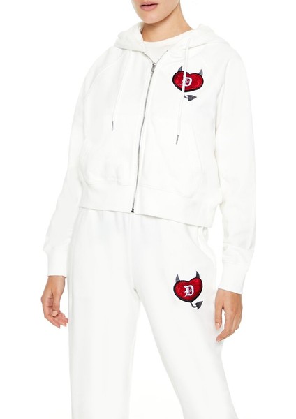 Kalp Nakışlı Kapüşonlu Sweatshirt