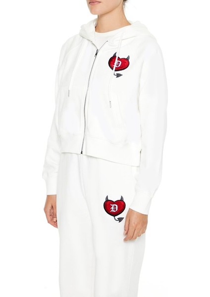 Kalp Nakışlı Kapüşonlu Sweatshirt