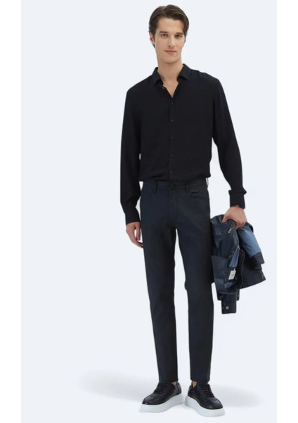 Siyah Düz Dokuma Fitted Fit Casual Pamuk Karışımlı Pantolon