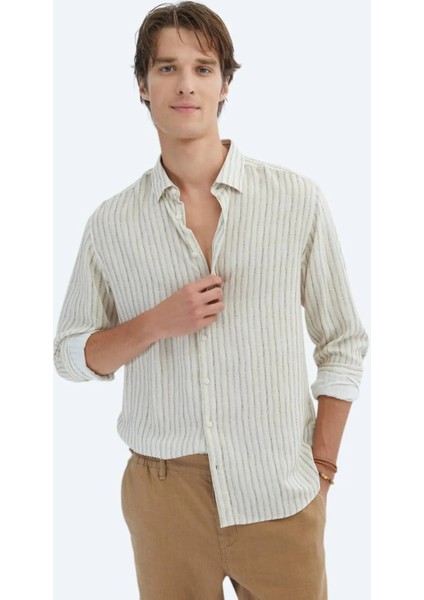 Bej Baskılı Regular Fit Dokuma Casual Gömlek
