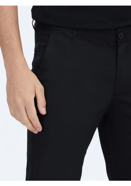 Siyah Dokuma Casual Pamuk Karışımlı Pantolon