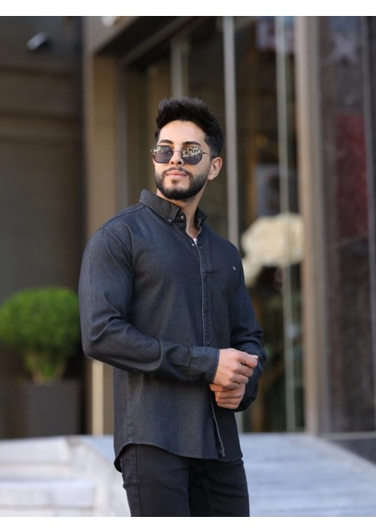 Slim Fit Haki Oxford Düğmeli Yaka Kolay Ütülenebilir Nakış Detaylı Pamuklu Erkek Gömlek modelleri