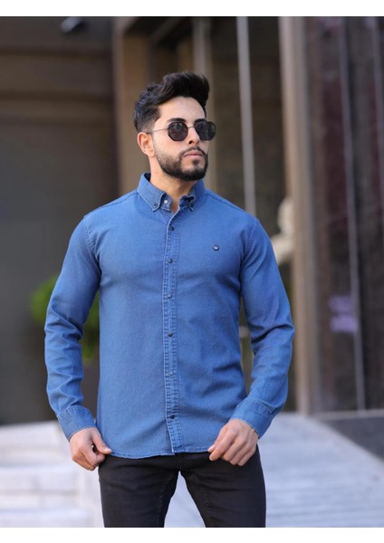 Slim Fit Haki Oxford Düğmeli Yaka Kolay Ütülenebilir Nakış Detaylı Pamuklu Erkek Gömlek