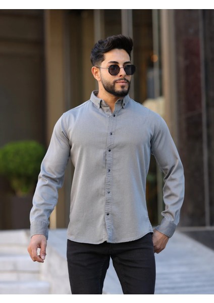 Slim Fit Haki Oxford Düğmeli Yaka Kolay Ütülenebilir Nakış Detaylı Pamuklu Erkek Gömlek