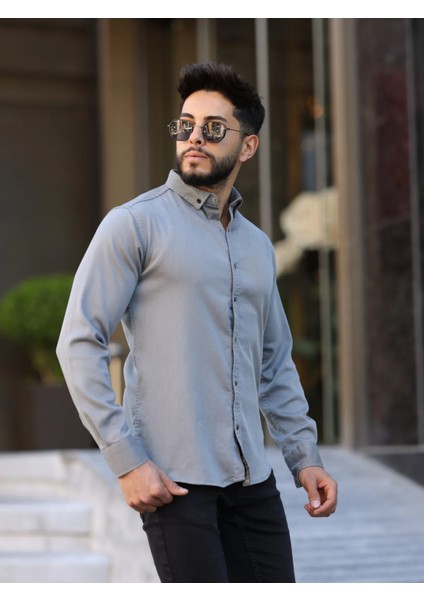 Slim Fit Haki Oxford Düğmeli Yaka Kolay Ütülenebilir Nakış Detaylı Pamuklu Erkek Gömlek modelleri